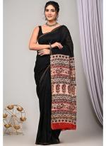 Chanderi Silk Black Festival Wear Block Printed Saree